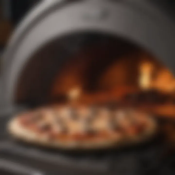 A close-up of pizza being placed in an Ooni oven.