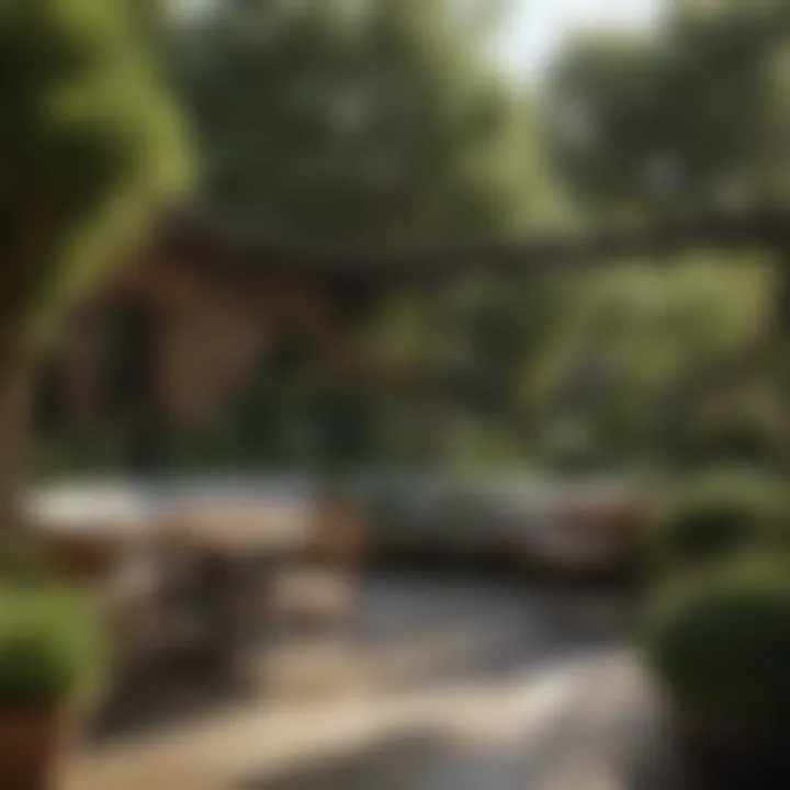 Inviting outdoor seating arrangement surrounded by lush landscaping