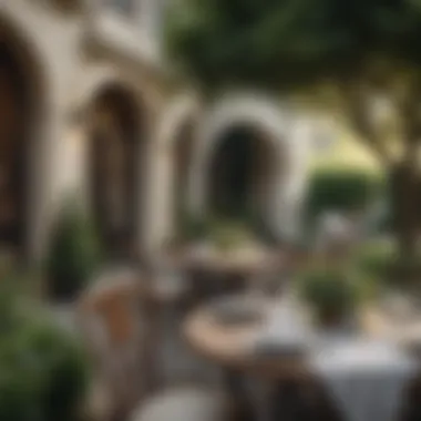 Elegant Al Fresco Dining Experience Stylish outdoor dining setup with elegant table settings and vibrant greenery