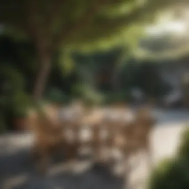 Outdoor dining area with a round rattan set surrounded by greenery