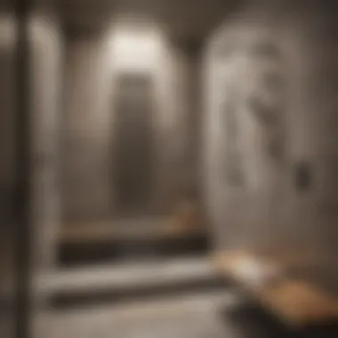 Modern shower area showcasing a stylish bench and artistic door design