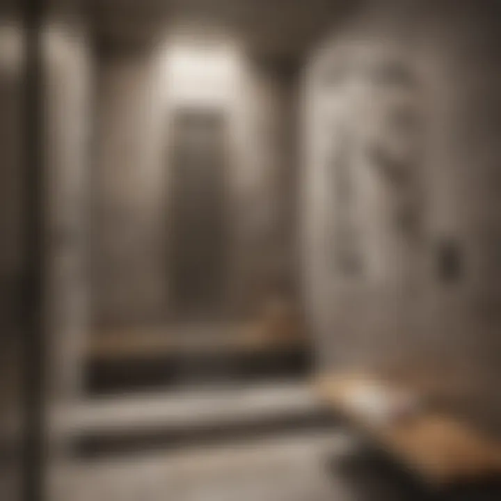Modern shower area showcasing a stylish bench and artistic door design