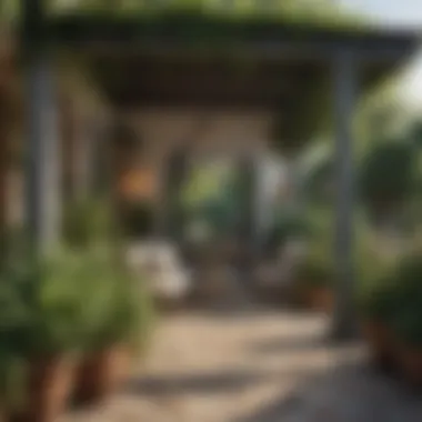 A charming covered patio adorned with flourishing greenery and plants Charming covered patio adorned with greenery