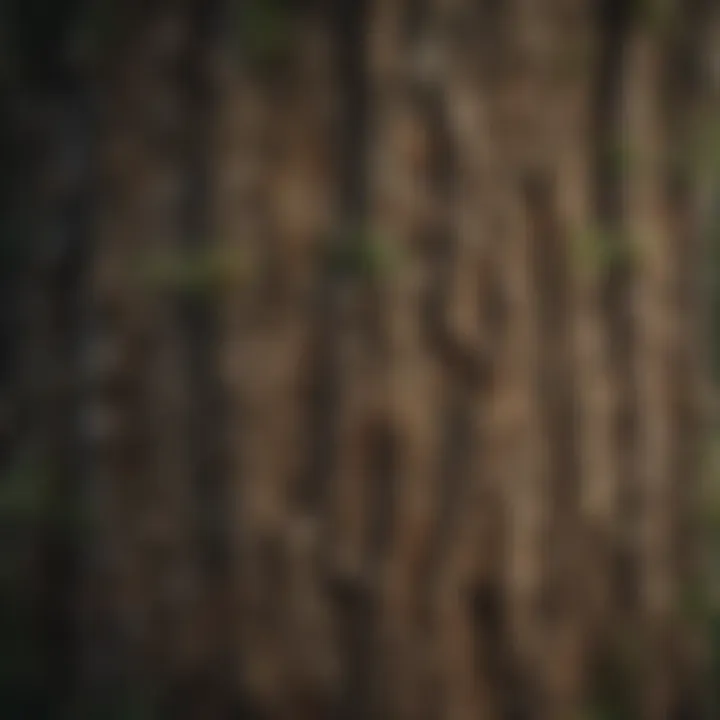 Close-up of the textured bark and needles of a small pine tree