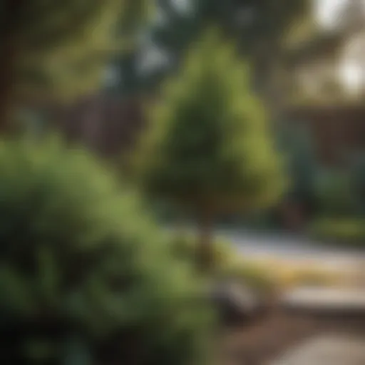 A vibrant small landscape pine tree in a modern garden setting