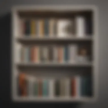 A close-up of a thoughtfully arranged minimalist bookshelf displaying books and art.