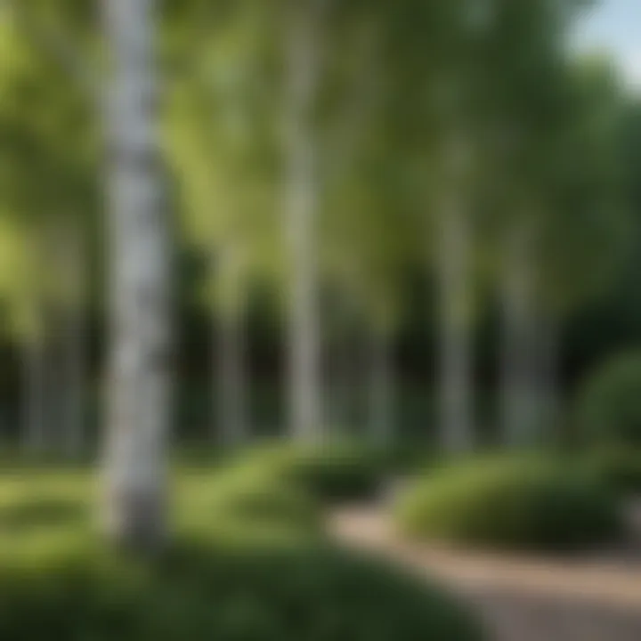 A well-maintained garden featuring white clump birch trees as a focal point.