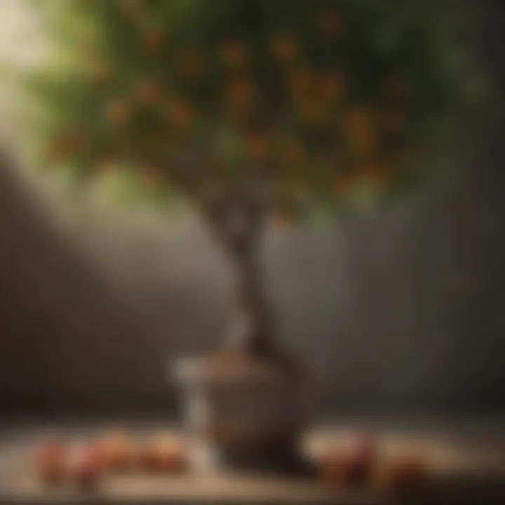 An elegant dwarf peach tree showcasing ripe peaches