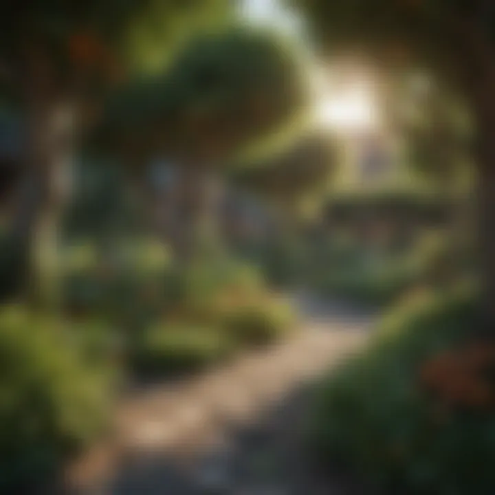 A picturesque garden featuring various dwarf fruit trees
