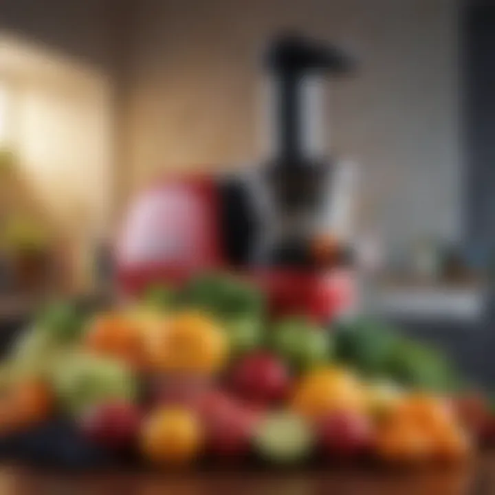 A variety of colorful fruits and vegetables beside a slow juicer with a wide mouth