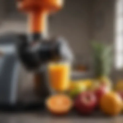 A sleek slow juicer with a wide mouth showcasing fresh fruits ready for juicing