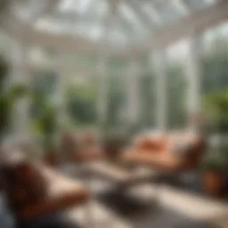 A beautifully designed sunroom with large glass windows and elegant furniture