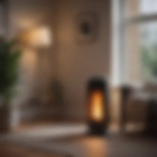 A modern electric heater in a cozy living room setting.