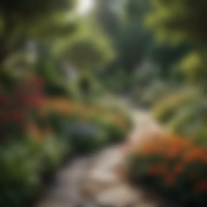 A serene garden scene depicting a harmonious blend of flowers and surrounding greenery