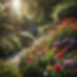 A vibrant garden showcasing a variety of blooming flowers in full sunlight