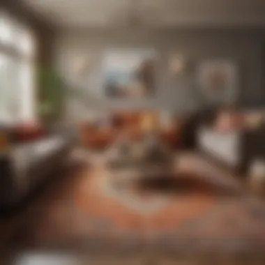 A well-coordinated color palette with a big rug as the centerpiece