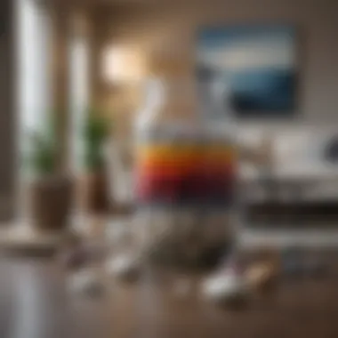 Large glass jars filled with colorful decorative pebbles in a modern living room