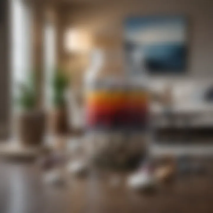 Large glass jars filled with colorful decorative pebbles in a modern living room