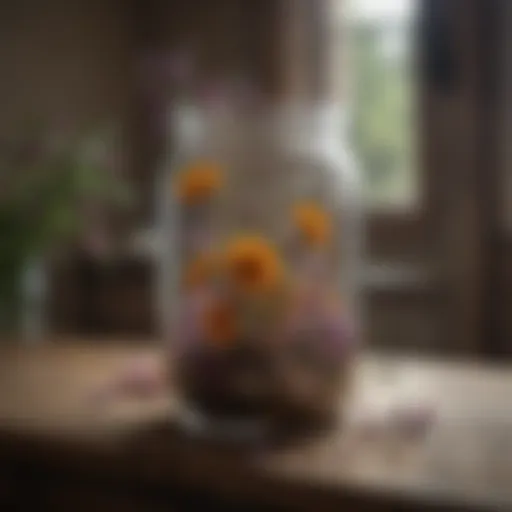 Elegant large glass jar with dried flowers on a rustic table