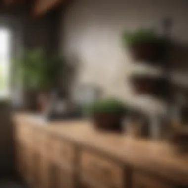 Half wall baskets in a rustic kitchen setting