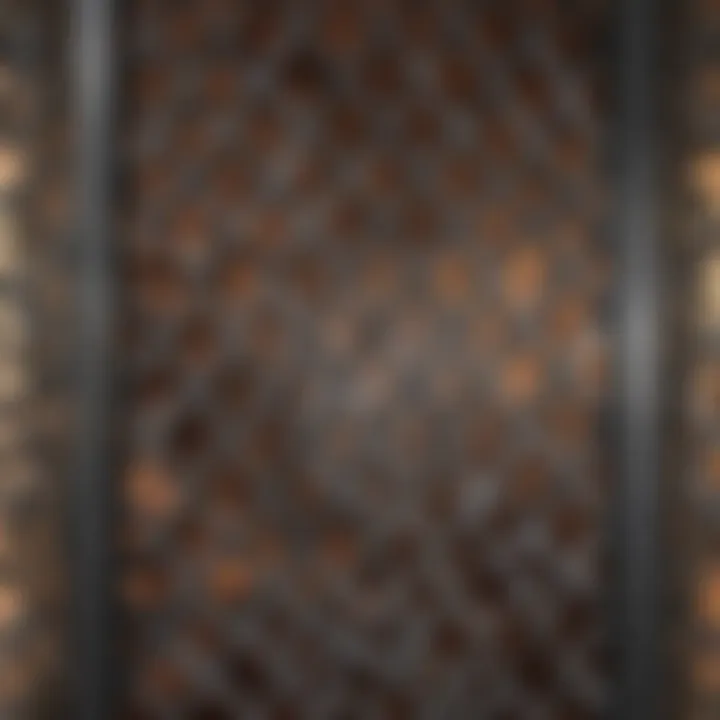 A close-up view of intricate patterns on a steel trellis panel enhancing interior decor.