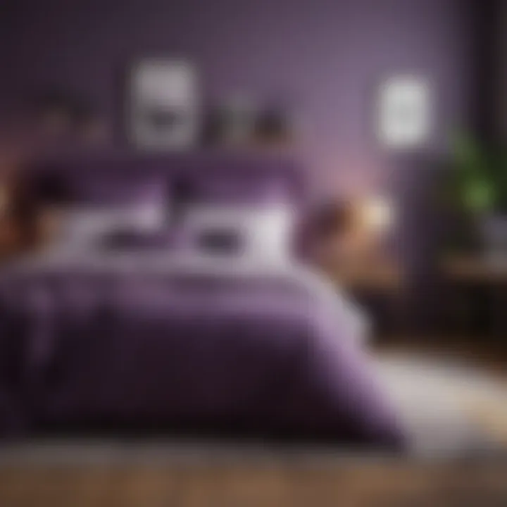 Cozy bedroom featuring violet accents and accessories