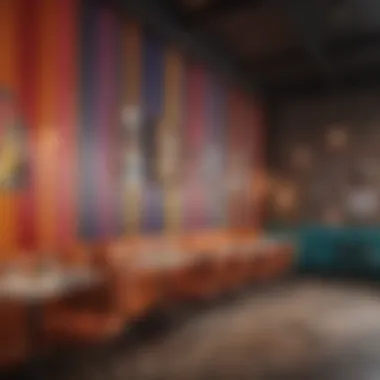 Bold Color-Blocked Stripe Patterns Bold color-blocked stripe patterns in a trendy cafe