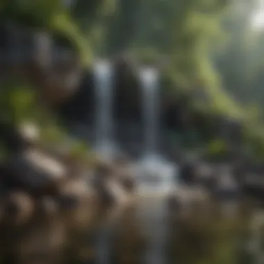 A decorative waterfall cascading over rocks