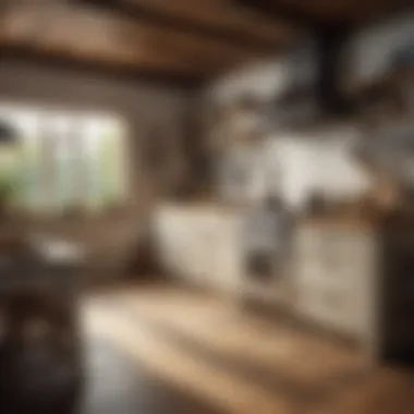 A cozy rustic kitchen featuring white distressed cabinets and natural wood accents