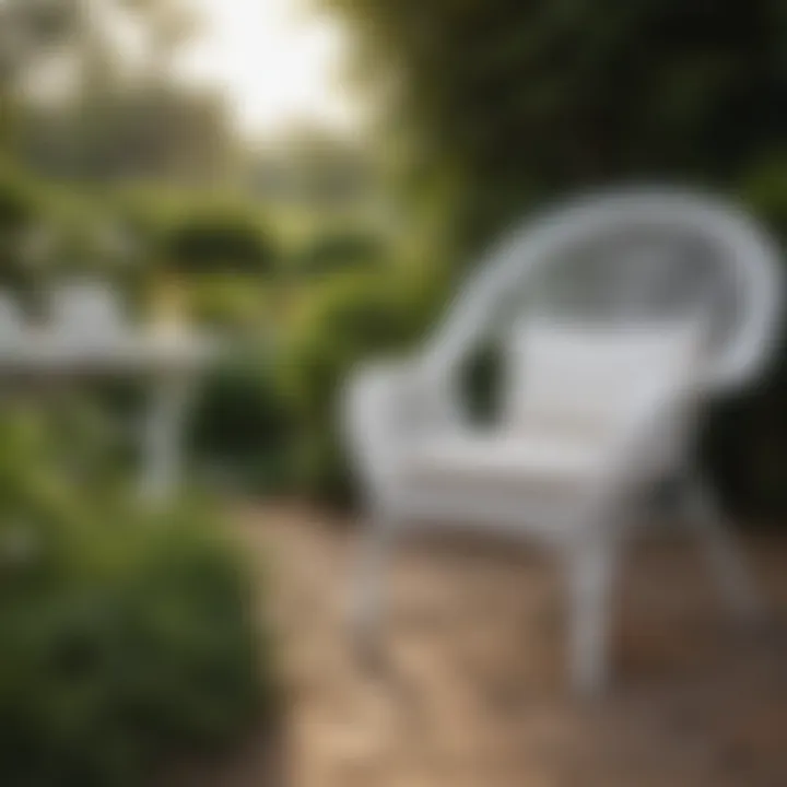 Elegant white wicker outdoor chair with a scenic garden background