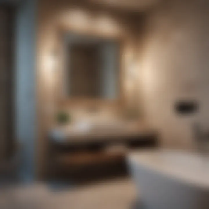 An elegant bathroom featuring natural stone elements and tranquil lighting