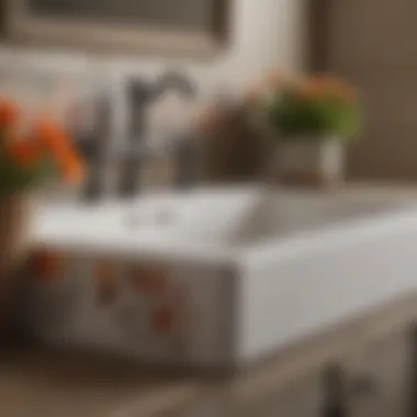 Ceramic farmhouse sink with floral design in a modern bathroom