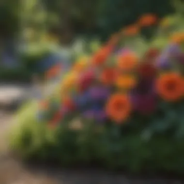 A lush arrangement of colorful summer flowers in a garden bed.