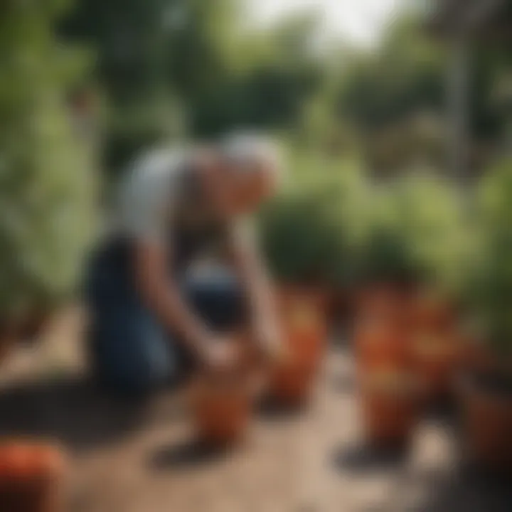 A gardener maintaining tomato plants in plastic pots, highlighting care practices