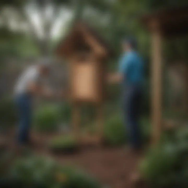 Gardener observing a bat house in a vibrant backyard