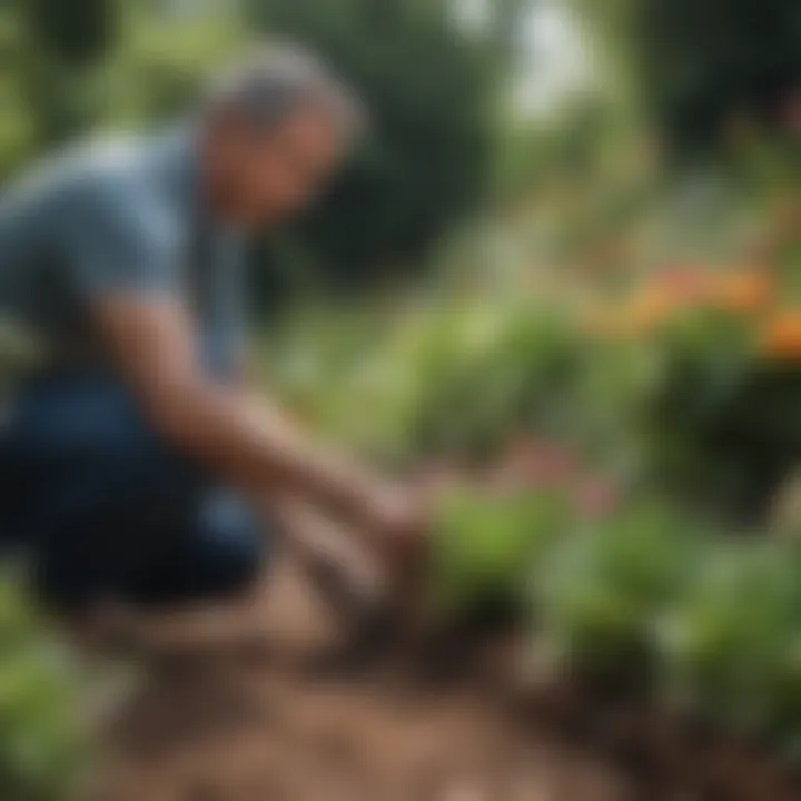 Serene image of a gardener tending to a flowerbed with various blooming plants