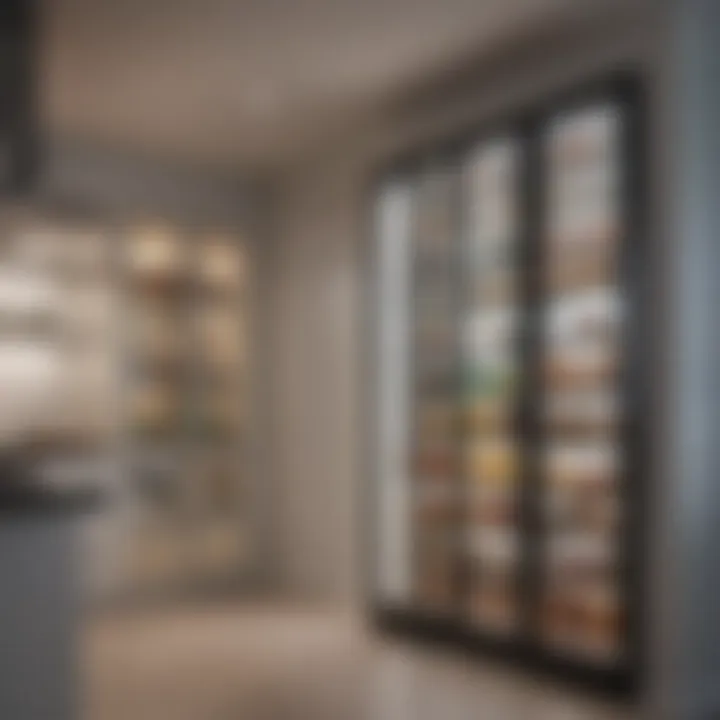 Stylish glass door pantry with a contemporary design and ambient lighting