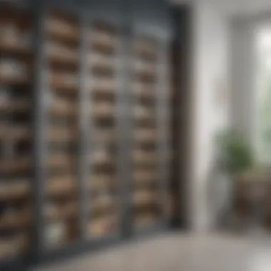 Elegant glass door pantry showcasing organized shelves filled with assorted kitchen items