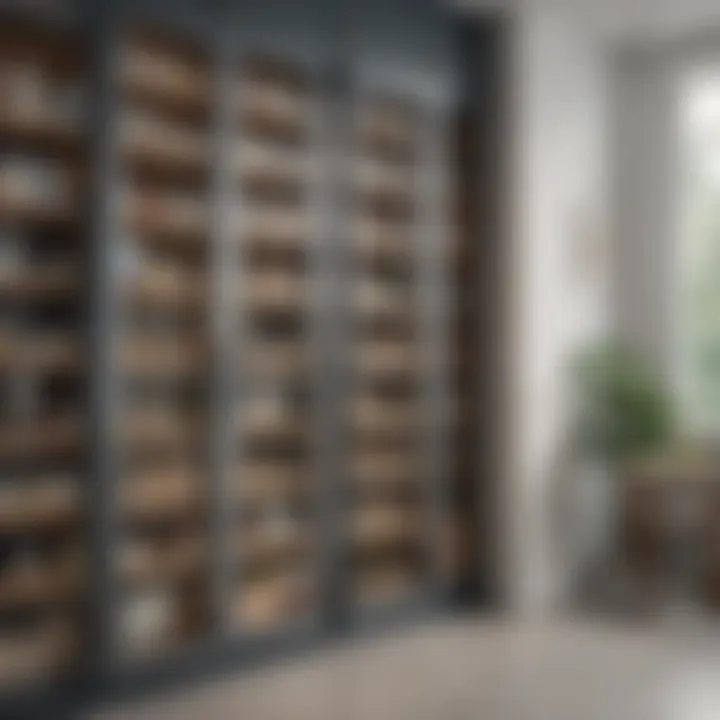 Elegant glass door pantry showcasing organized shelves filled with assorted kitchen items