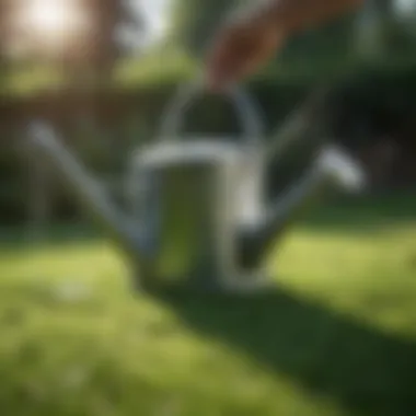 Watering Can in Action on Grass Watering can pouring water on grass