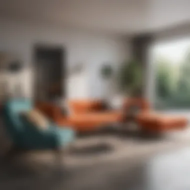 Modern minimalist couch and chair set with striking colors