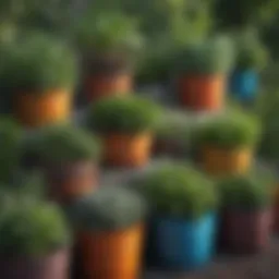 A variety of herbs thriving in colorful containers