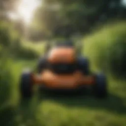 A high-powered lawn mower cutting through thick grass effortlessly.