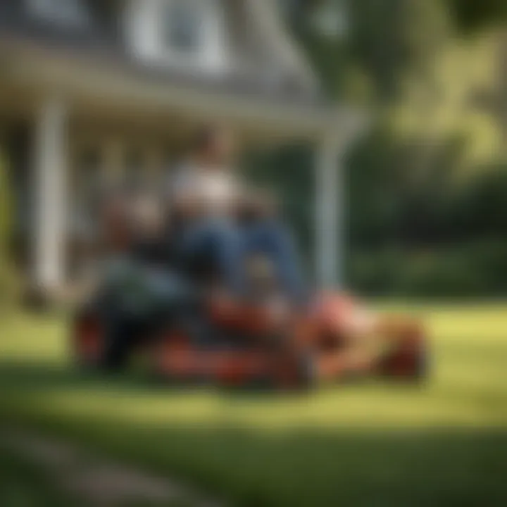 A satisfied homeowner using a self-propelled lawn mower with ease