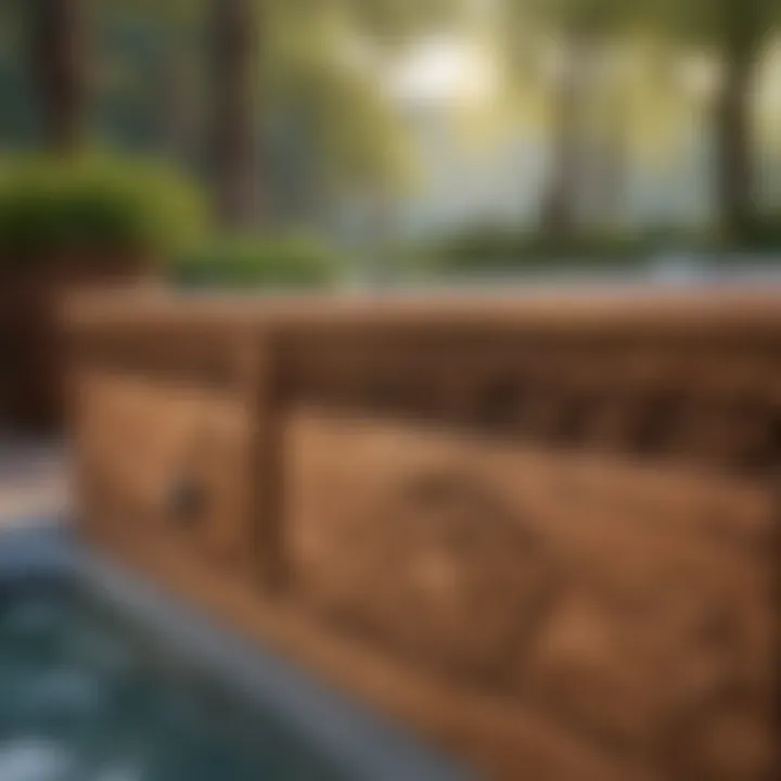 Close-up of intricate wooden detailing around the hot tub complementing the natural landscape
