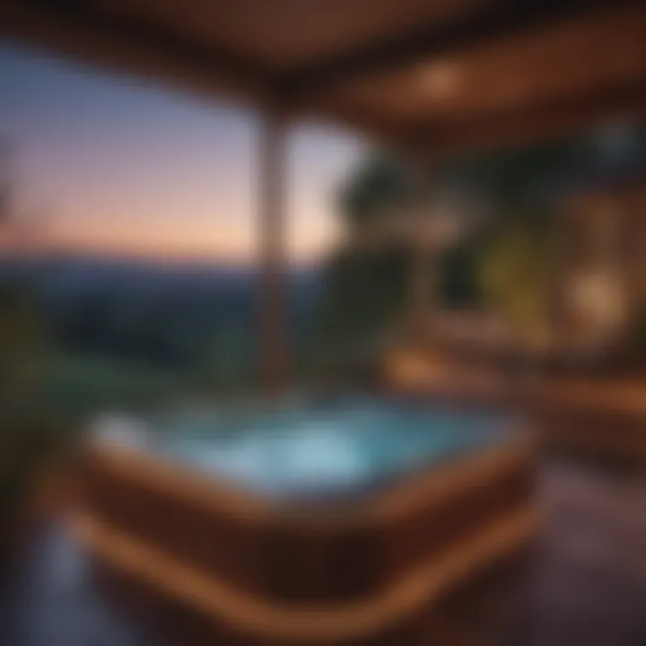 Nighttime view of a hot tub with wooden surround illuminated by soft lighting