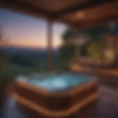 Enchanting Night Ambiance Around a Hot Tub Nighttime view of a hot tub with wooden surround illuminated by soft lighting