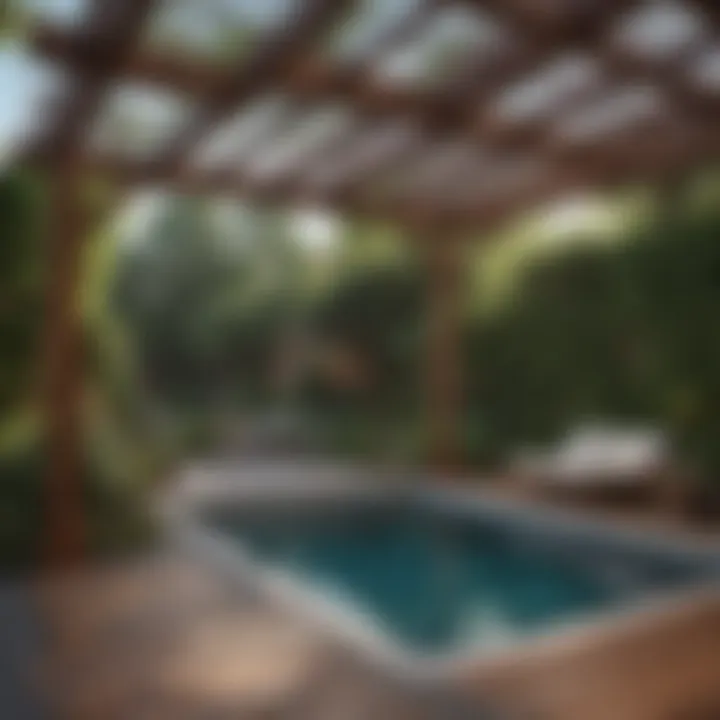 A stylish pergola providing shade and charm over a hot tub with wooden surround
