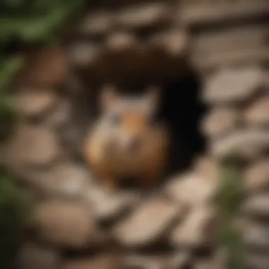 A chipmunk peeking out from a small hole in a wall