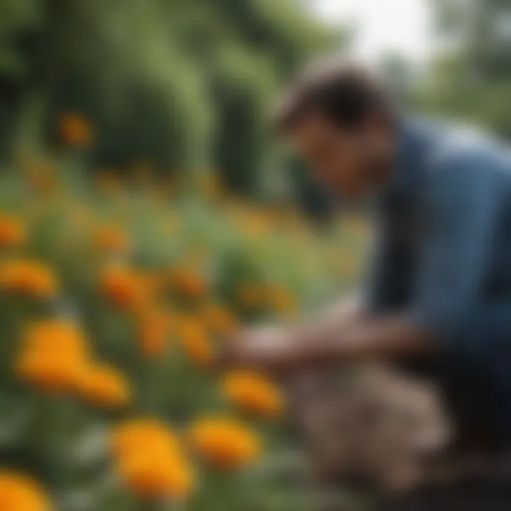 Gardener inspecting marigold plants for pests